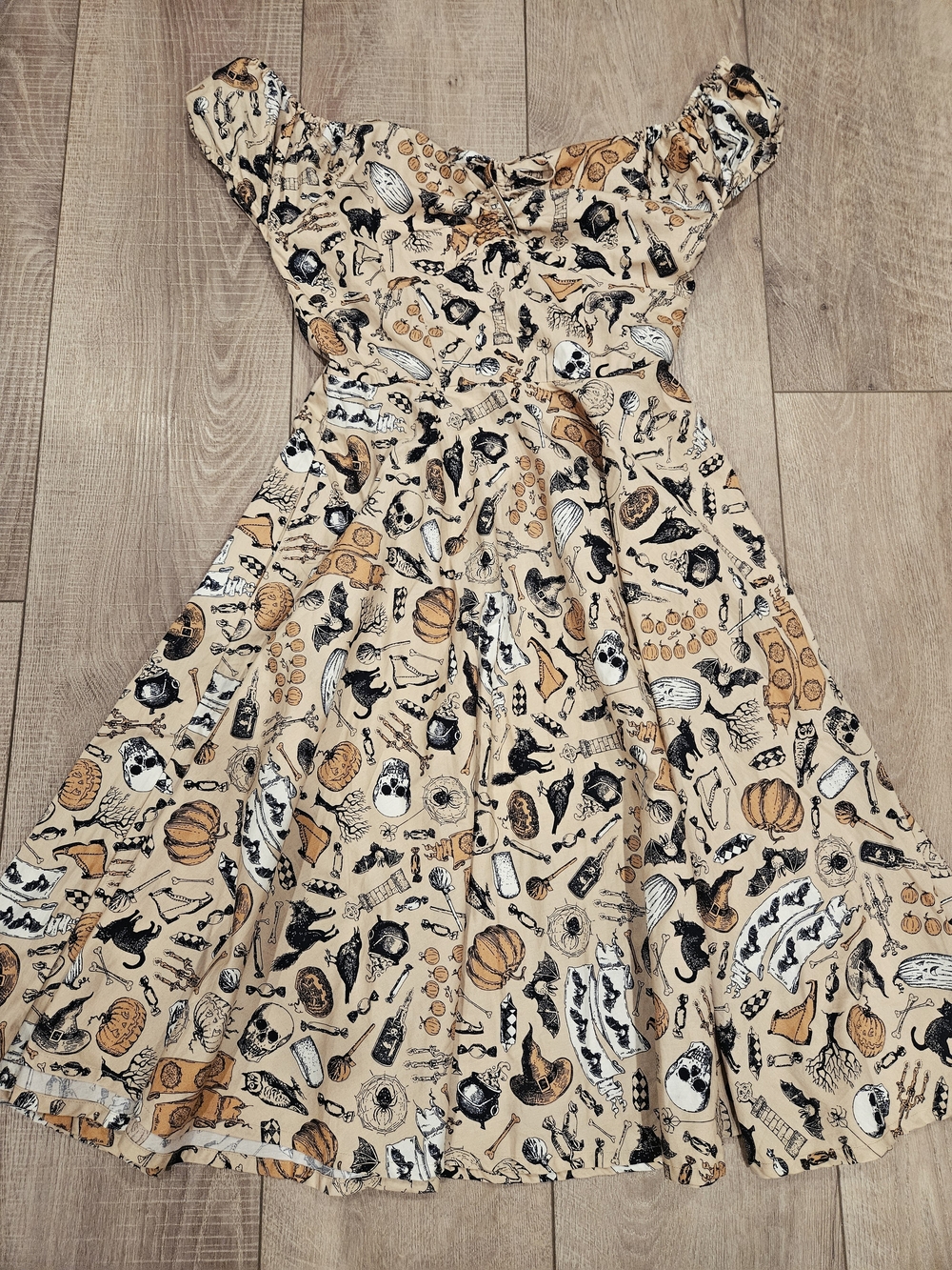 Halloween Witchy Gothic Cottagecore 100% Cotton Dress Cat Skull Pumpkin Print M - Picture 5 of 16